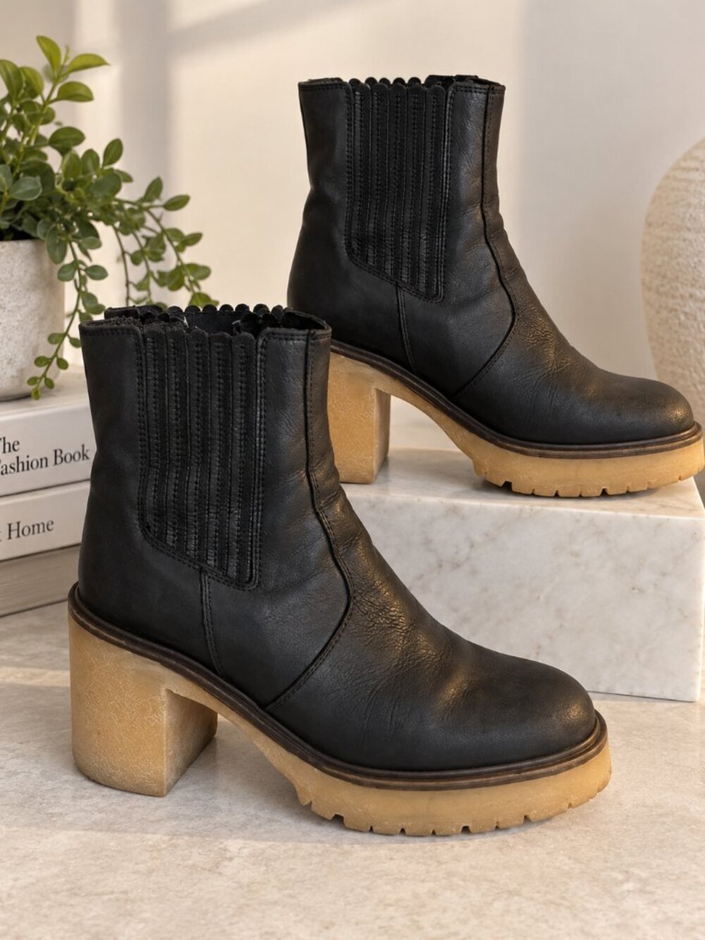 Free People James Chelsea Boots Black Leather Chunky Lug Sole Platform